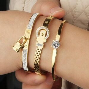 Gold Plated Stainless Steel 3-Piece Bracelet Set Lock,Buckle & Solitaire Design